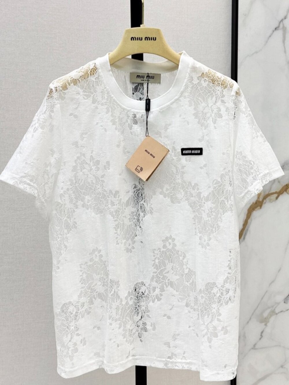 Miu Miu White Floral Lace Short Sleeve Tee Black Logo Label Sheer Mesh T-Shirt